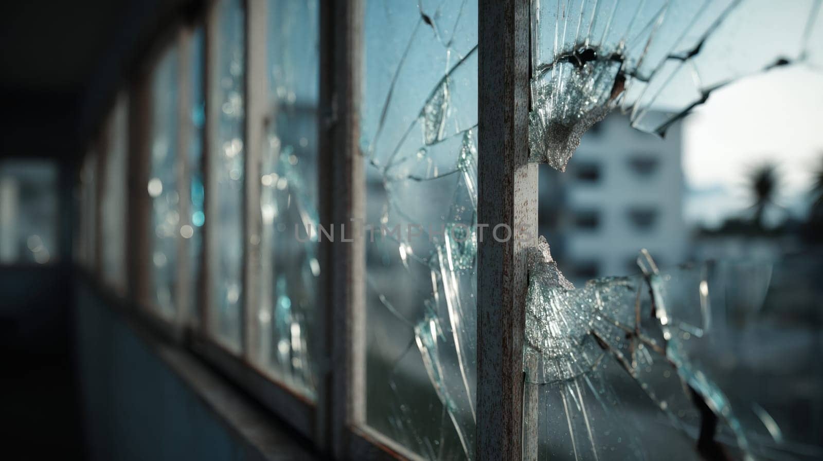 Shattered glass in a broken window of an abandoned building with a blurred city in the background. A detailed and dramatic image for themes of damage, conflict, or urban decay