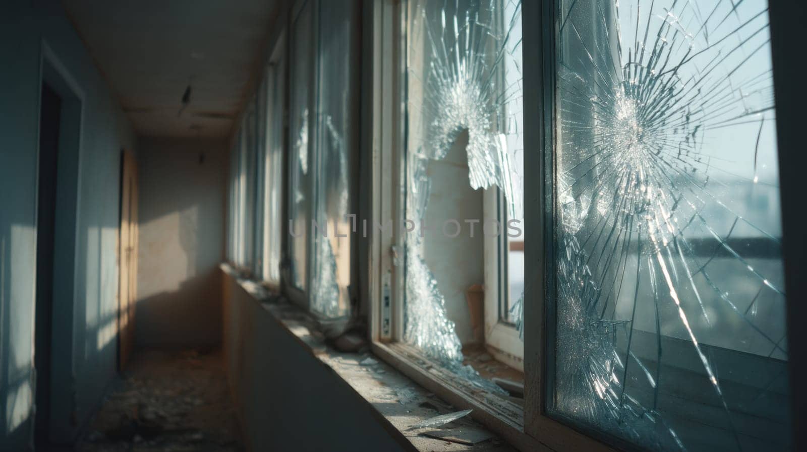 Broken hallway windows in a decaying building lit by daylight. Ideal for dramatic scenes, urban exploration visuals, and storytelling about destruction, abandonment, or neglect