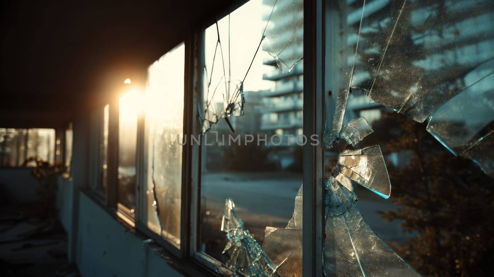 Broken windows in a deserted building glowing with golden sunlight. Suitable for cinematic scenes, urban decay concepts, and visuals of destruction, silence, or loneliness