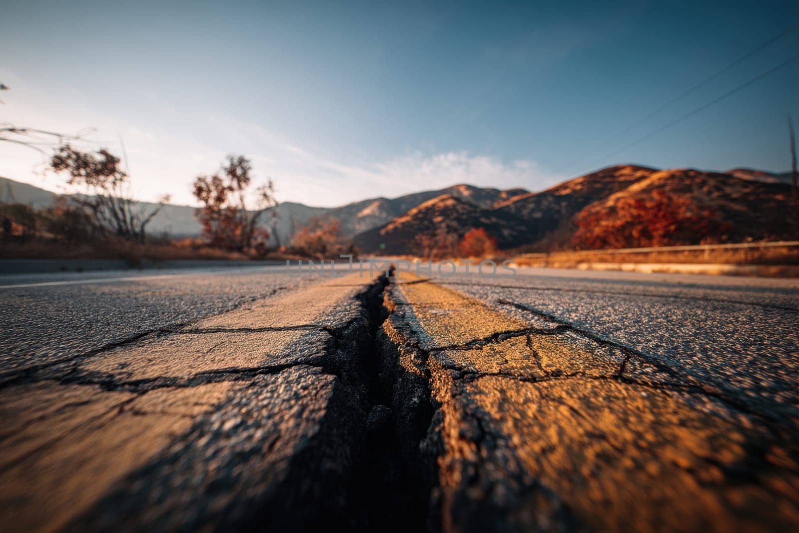 Cracked asphalt road in a desert mountain setting during sunset. Excellent for illustrating climate challenges, rural infrastructure decay, or symbolic visual metaphors of division and transition