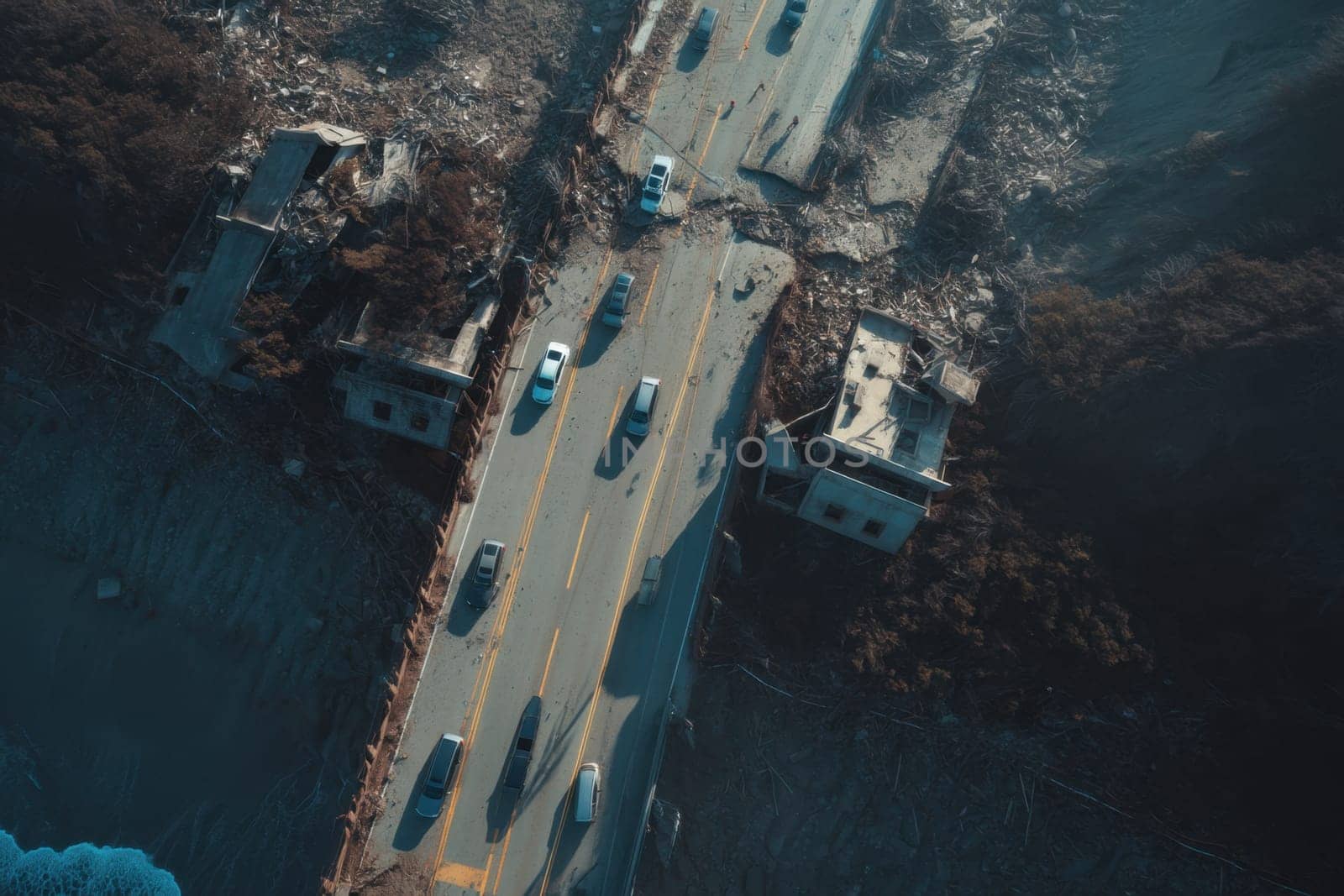 Aerial photo of a damaged coastal bridge with vehicles navigating through destruction and debris Ideal for illustrating earthquake impact, civil engineering failures, or emergency evacuation scenarios