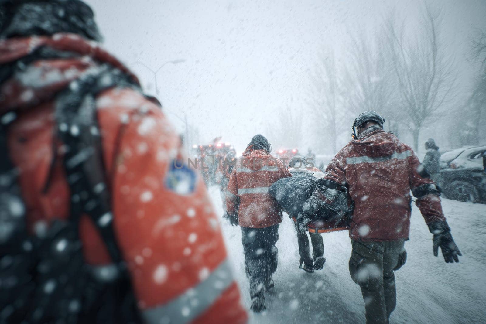 Rescue workers evacuate an injured person in a blizzard using a stretcher. Captures urgency and teamwork during winter emergencies and natural disasters. Ideal for crisis and survival visuals