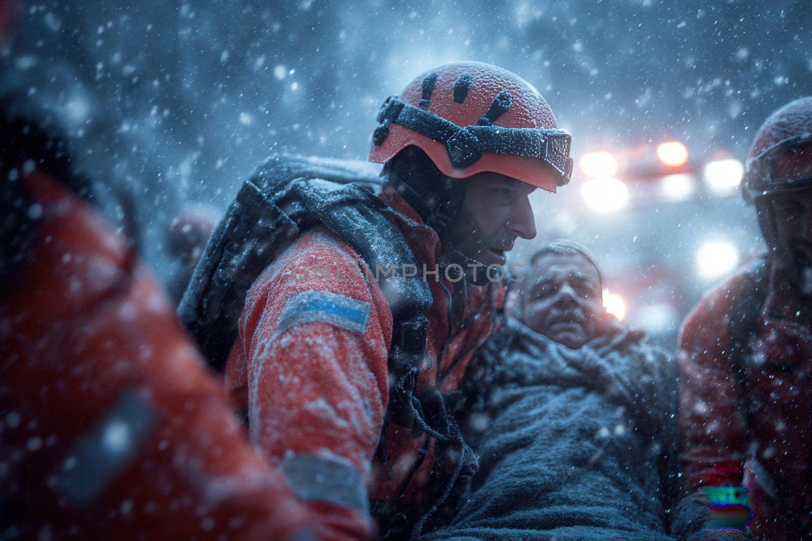 Rescue team evacuating an injured man in severe snowfall during an emergency. Ideal for visuals on disaster relief, emergency response, survival conditions, and extreme winter environments