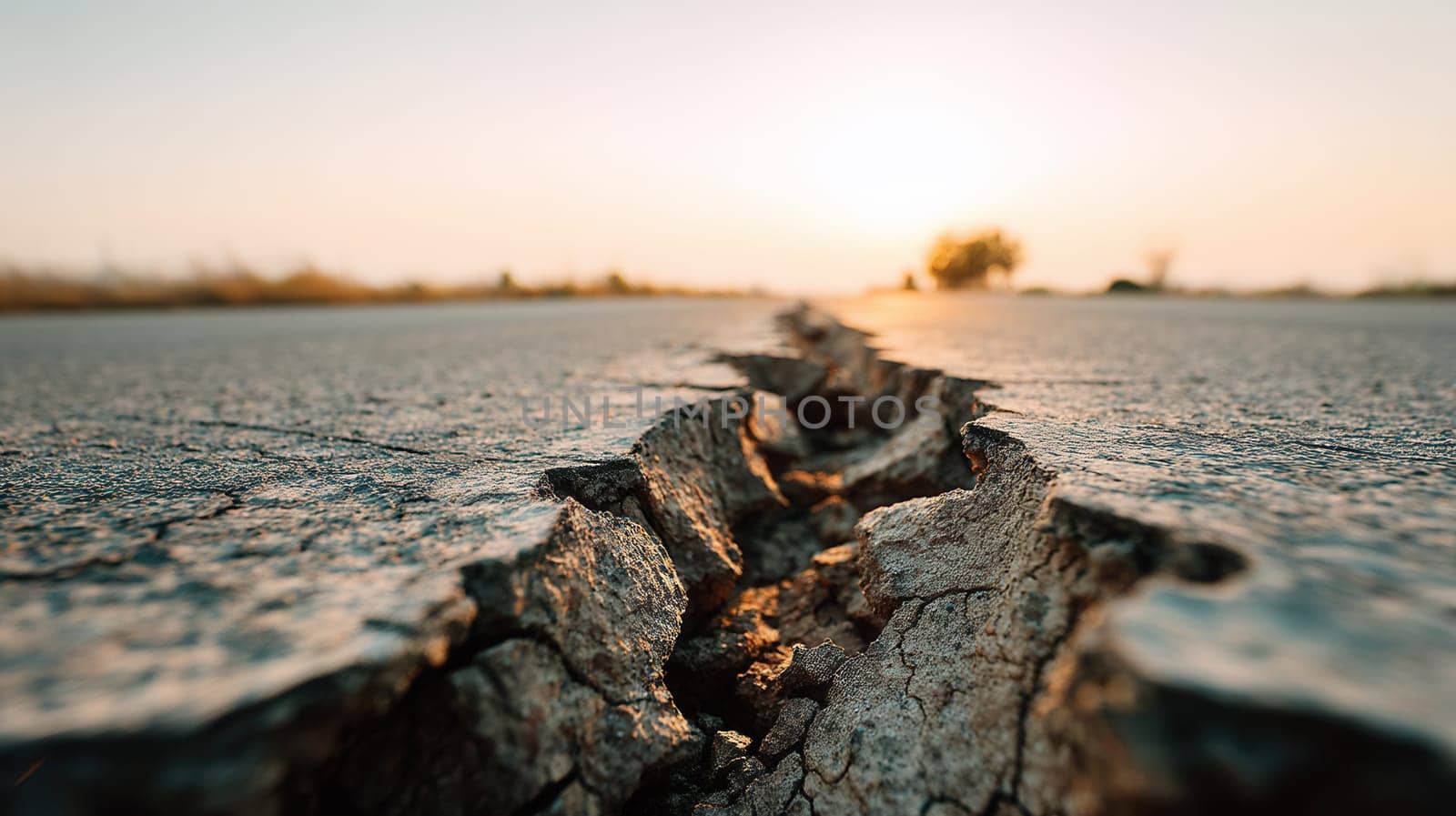 A cracked asphalt road under the golden sunset light, showing deep surface fractures. Great for themes on natural disasters, earthquake aftermath, and infrastructure vulnerability