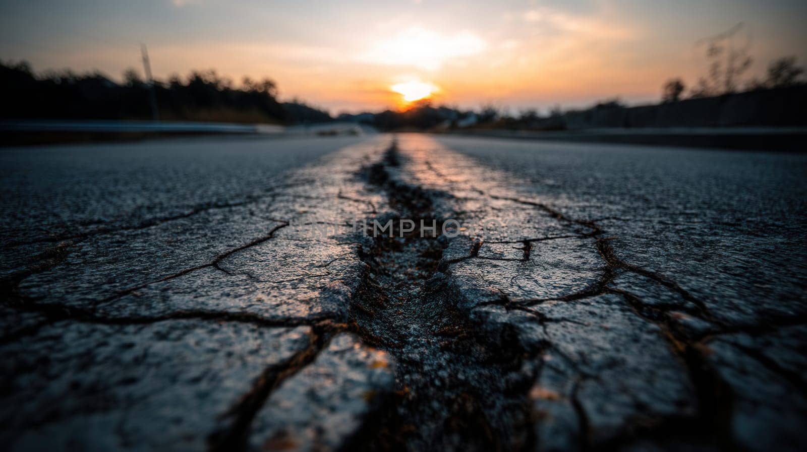 A cracked asphalt road surface with a deep fracture leading toward a glowing sunset. Perfect for themes on seismic risk, infrastructure vulnerability, or extreme weather effects
