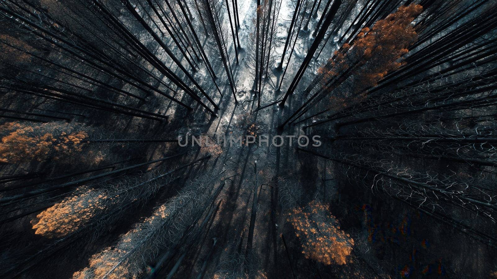 A powerful drone image showing a burnt forest with contrasting orange foliage among the blackened trees. Ideal for illustrating wildfire impact, environmental recovery, and ecological themes