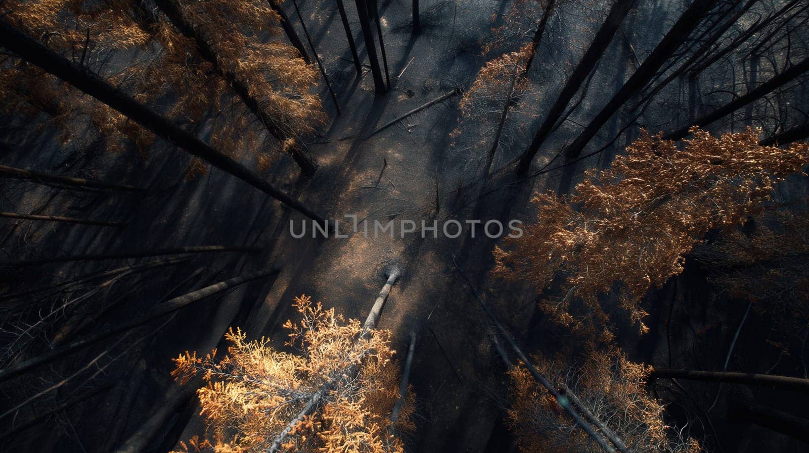 A powerful drone image showing orange treetops in a burnt forest, with ash-covered soil and dramatic shadows. Great for topics on fire aftermath, survival, and environmental change