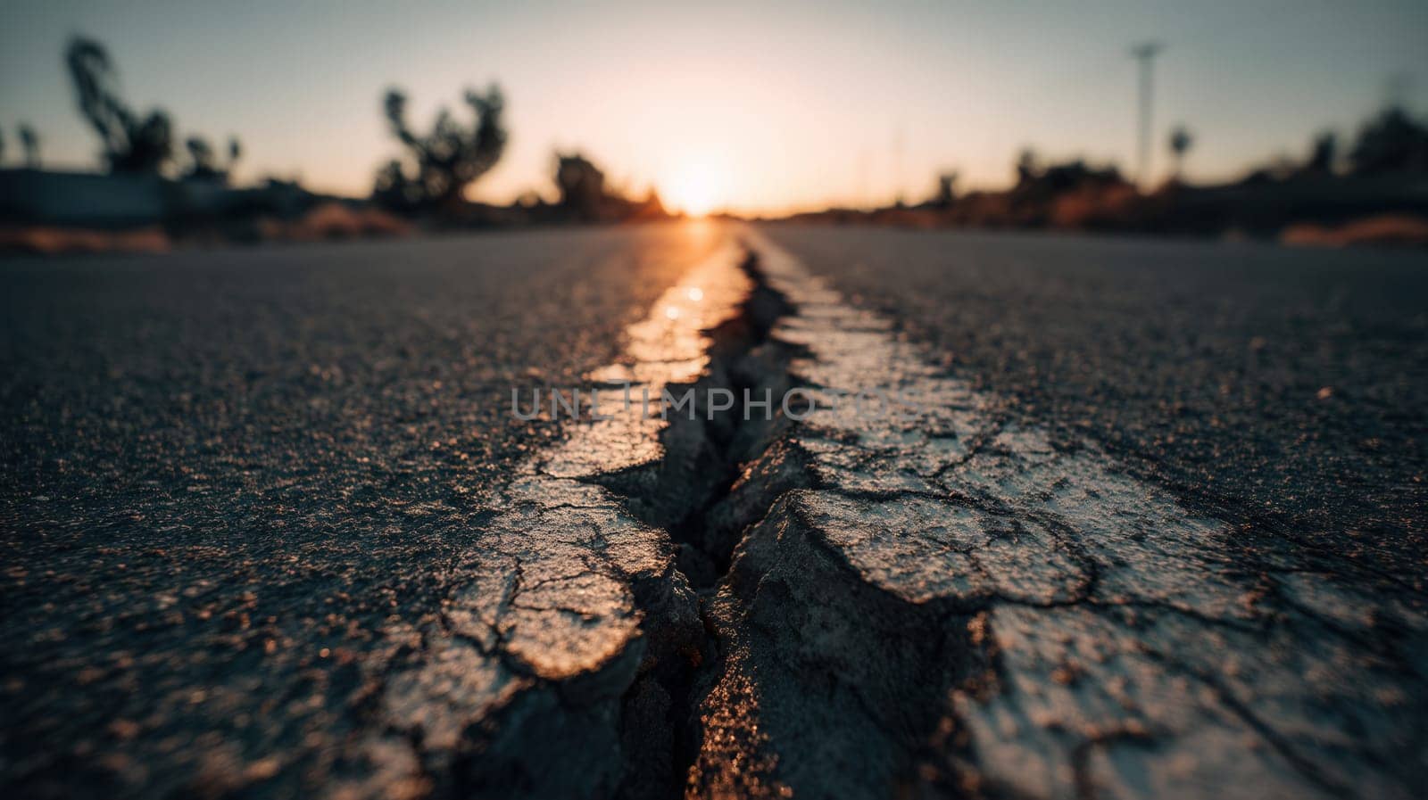 A cracked asphalt road stretches into the distance under sunset light, symbolizing destruction, change, and resilience. Great for environmental, infrastructure, or seismic visuals