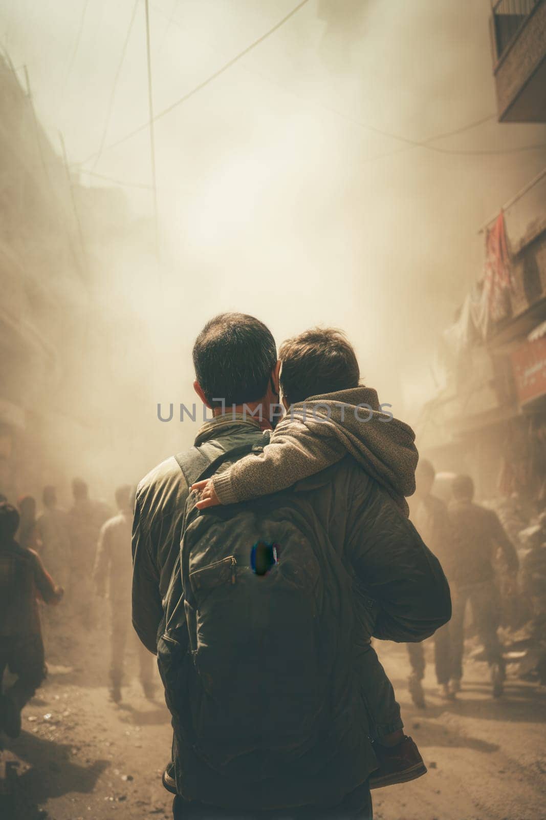 A father holds his young child on his back, walking through a smoky urban street filled with chaos. This emotional scene depicts human resilience, survival, and protection in a disaster
