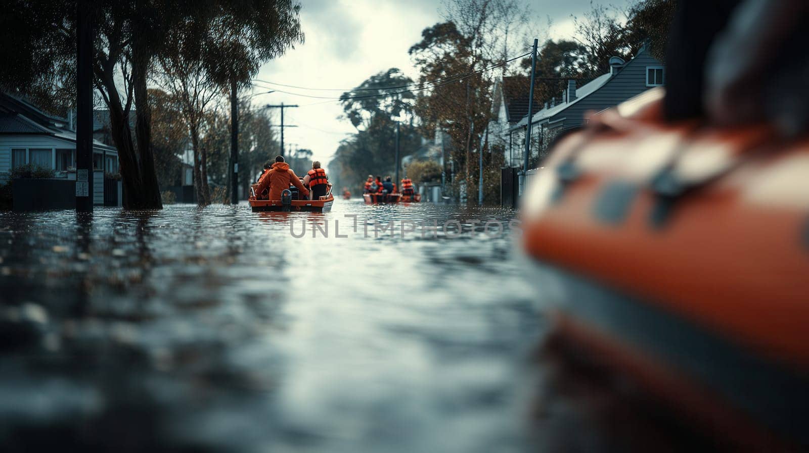 Rescue teams evacuating residents using inflatable boats during a severe urban flood. Perfect for content on natural disasters, climate change, rescue efforts, and emergency response