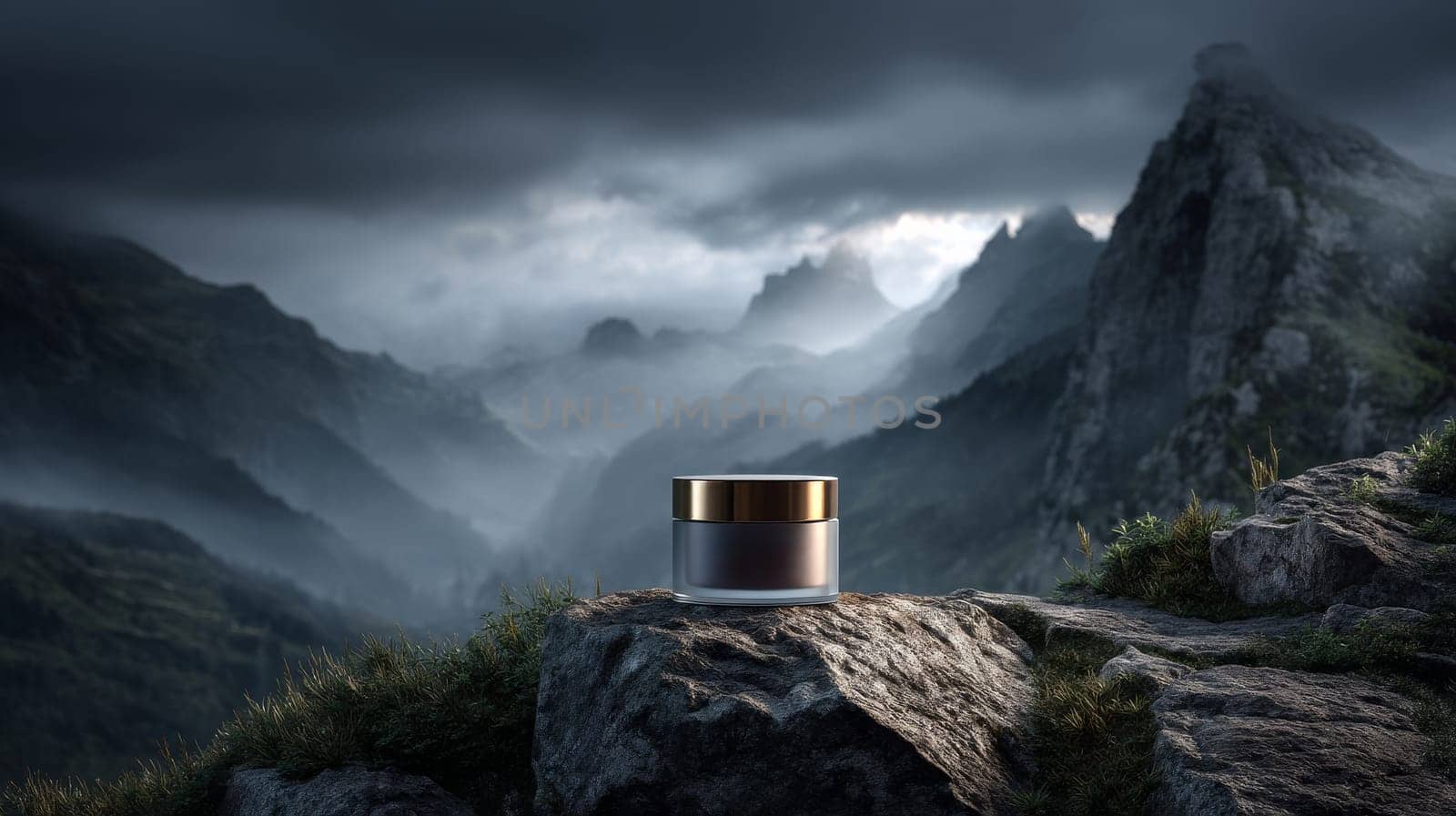 Cosmetic jar on rocky mountain at dusk under dramatic cloudy sky.