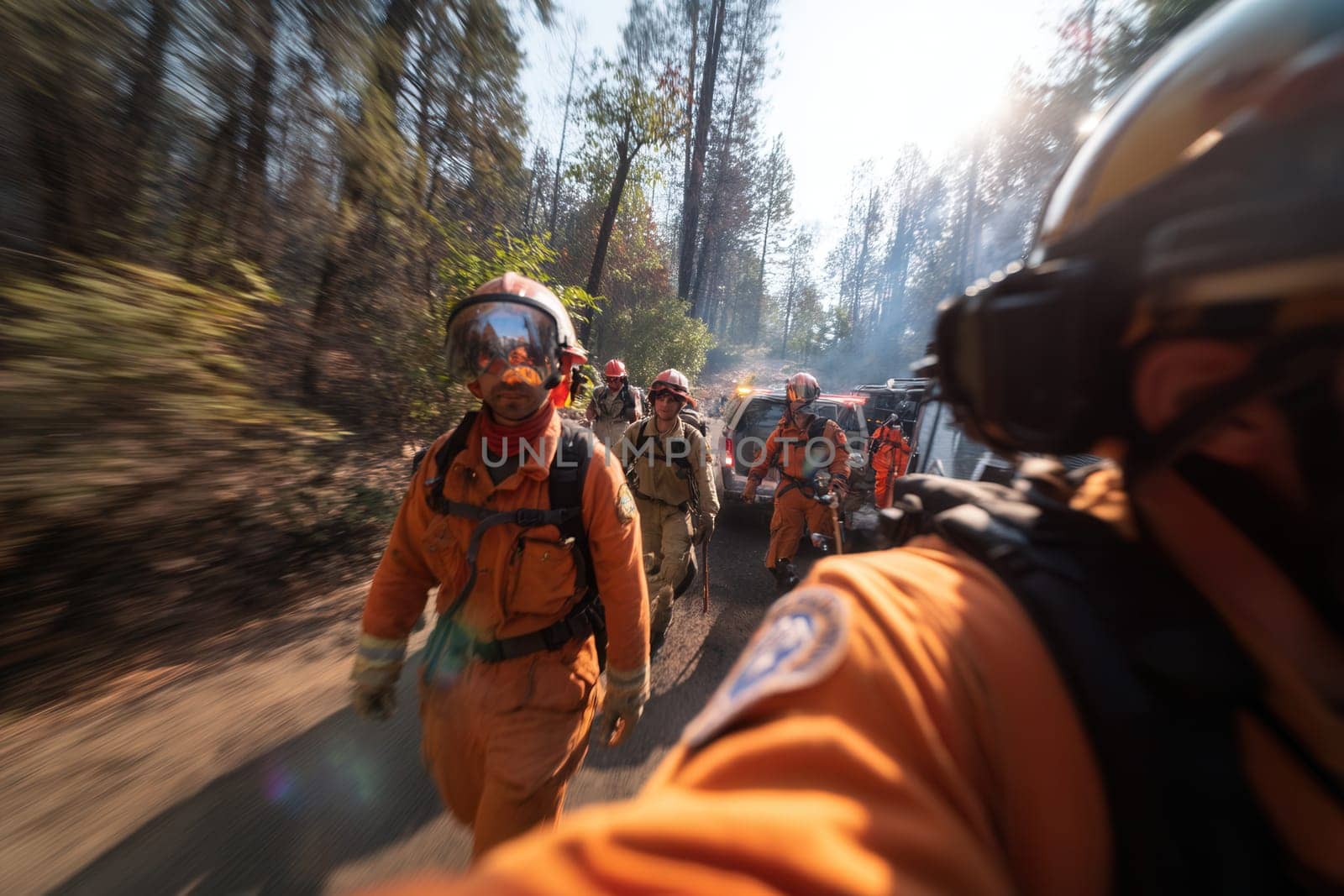 Firefighters in full gear move through a forest during a wildfire operation. The dynamic image captures emergency response, teamwork, and the urgency of fire rescue missions in natural disasters