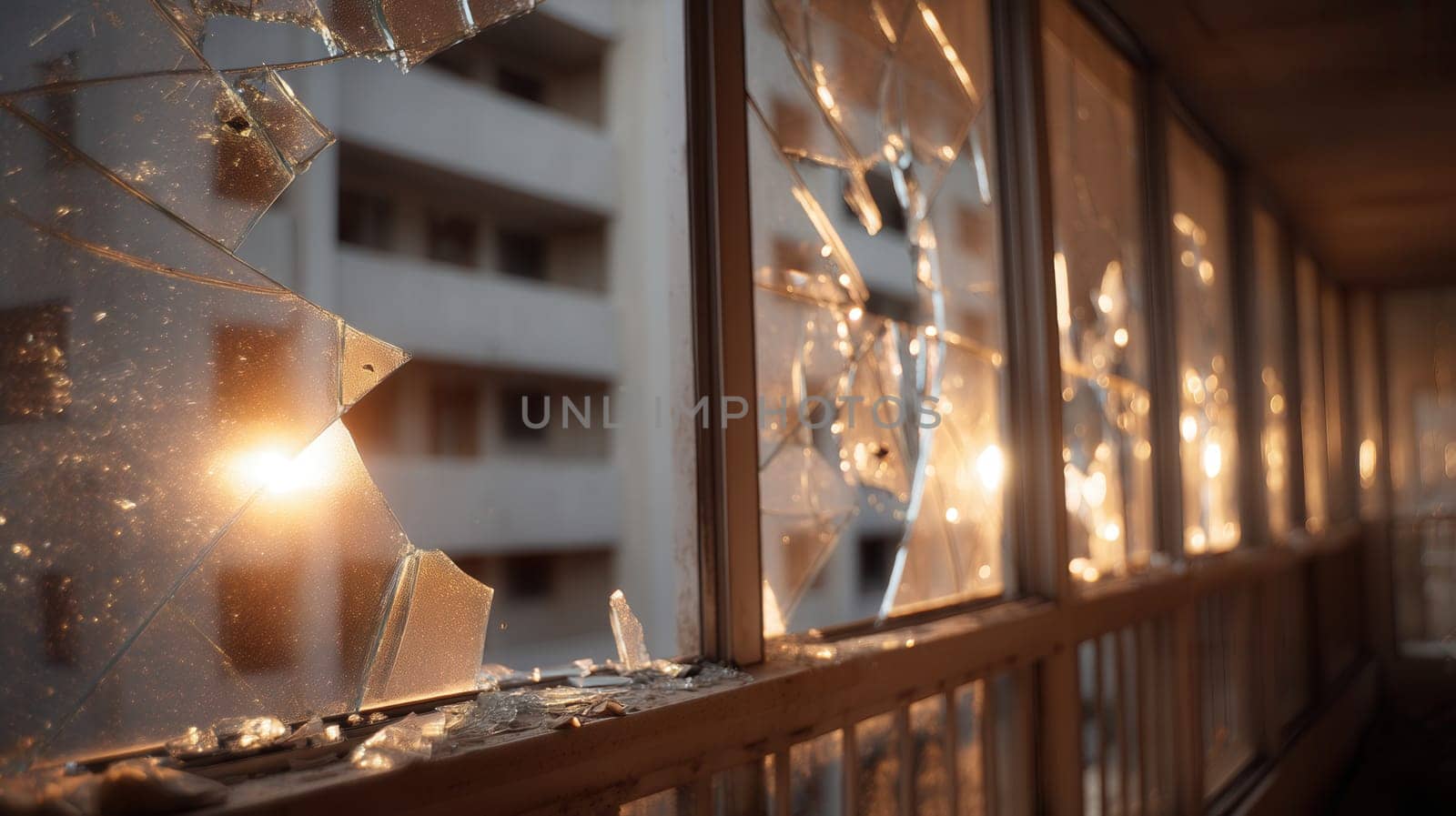 Broken glass windows in a damaged urban hallway glowing with warm sunset light. Ideal for dramatic scenes, post-disaster visuals, or emotional and symbolic compositions