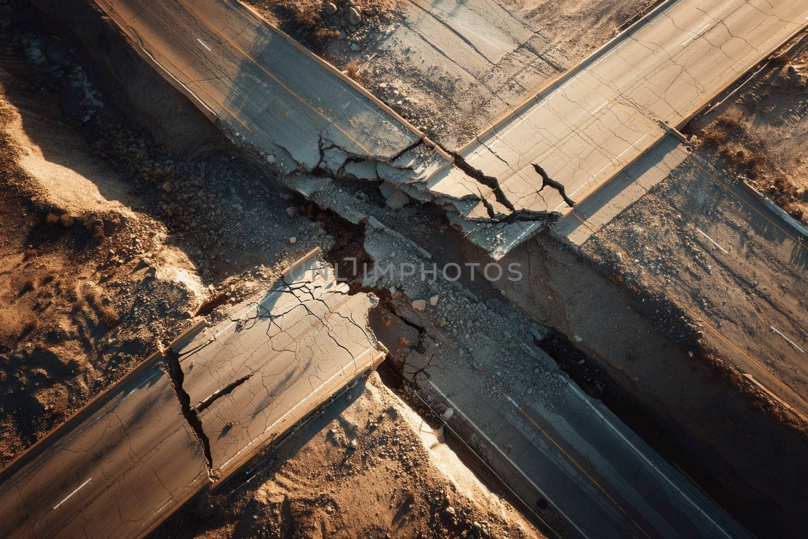 Aerial photo of a destroyed highway intersection after a major earthquake. The dramatic damage showcases the vulnerability of infrastructure and is perfect for disaster-related visuals