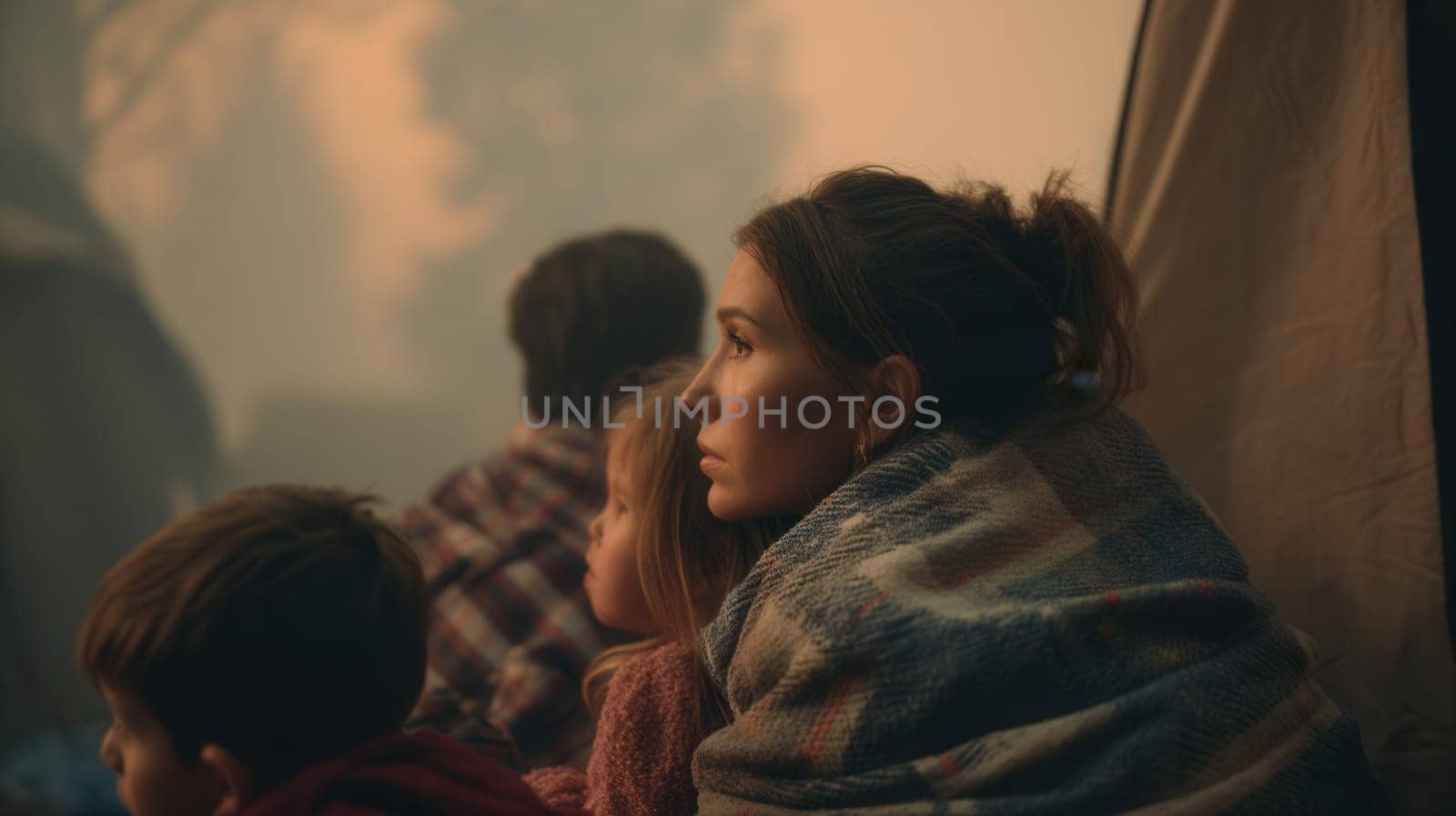 A family sits in a smoky tent, wrapped in blankets and waiting in silence. Perfect for illustrating evacuation scenes, emotional tension, natural disasters, and human resilience