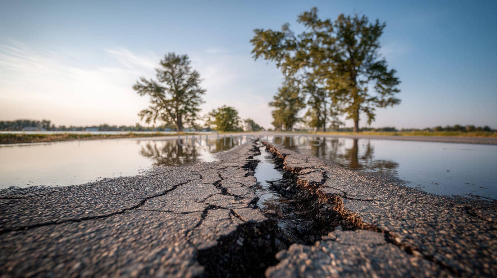 Ground-level view of a cracked rural road filled with floodwater under a blue sky. Ideal for illustrating infrastructure damage, natural disasters, climate impact, and emergency response themes