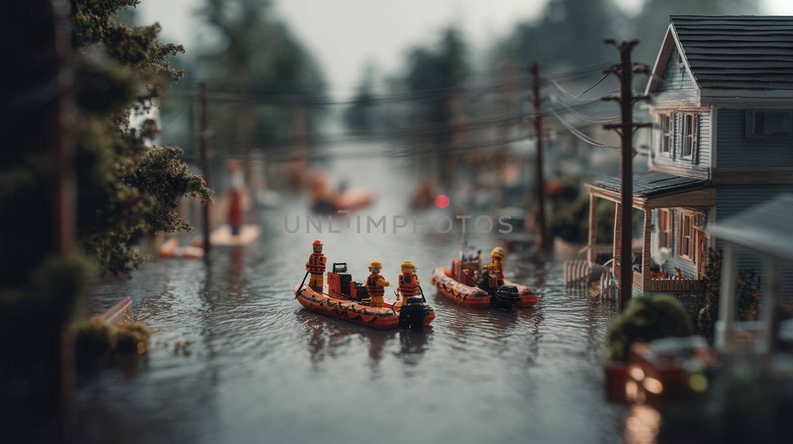 Miniature figurines in rescue boats responding to a flood in a detailed diorama setting. Perfect for educational content, simulations, emergency response themes, and storytelling visuals