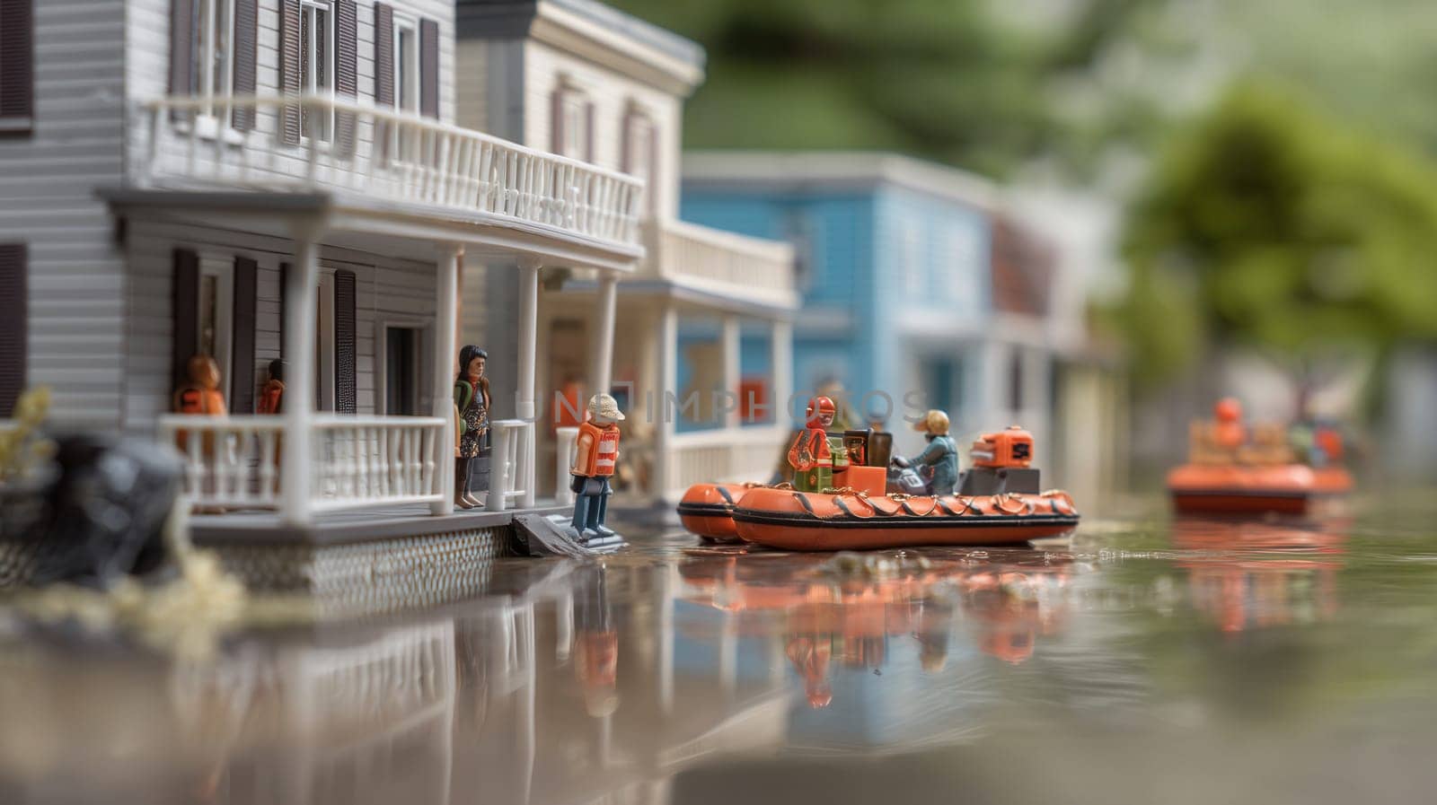 Miniature plastic figures perform a detailed flood rescue near model houses. Ideal for educational materials, diorama displays, emergency awareness campaigns, and creative storytelling visuals