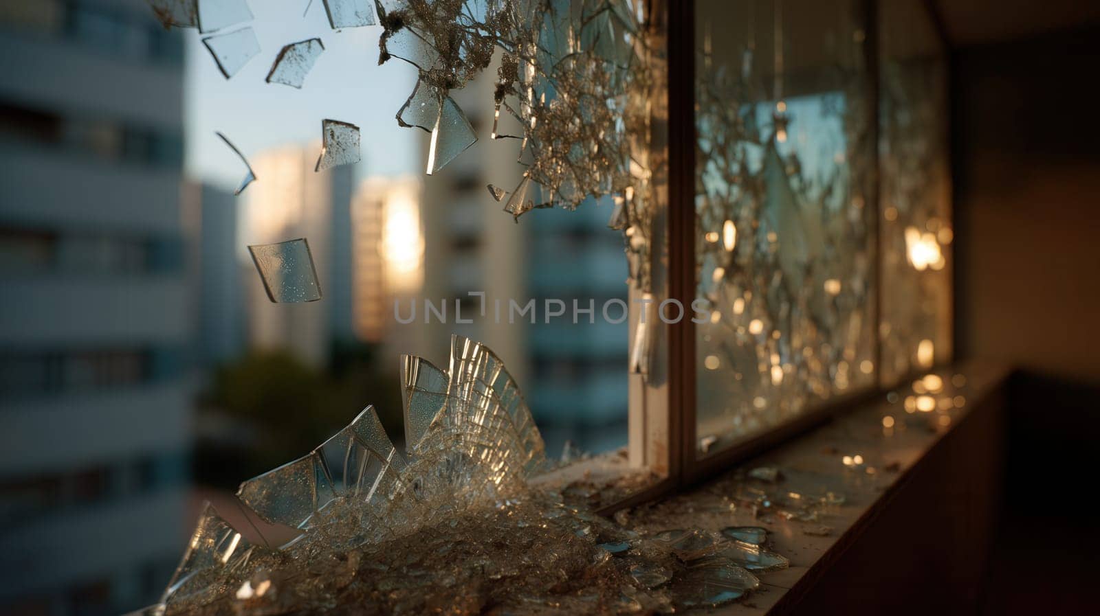 Shattered window glass flying through the air in warm urban sunset light. Perfect for dramatic scenes, disaster visuals, crisis storytelling, or symbolic themes of chaos and fragility