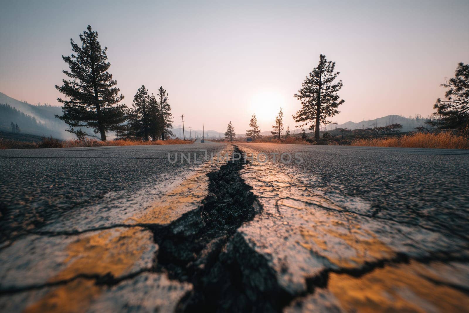 A deep crack cuts through a forest road at golden hour with pine trees and mountain silhouettes in the background. Perfect for themes of seismic damage, isolation, or nature reclaiming infrastructure