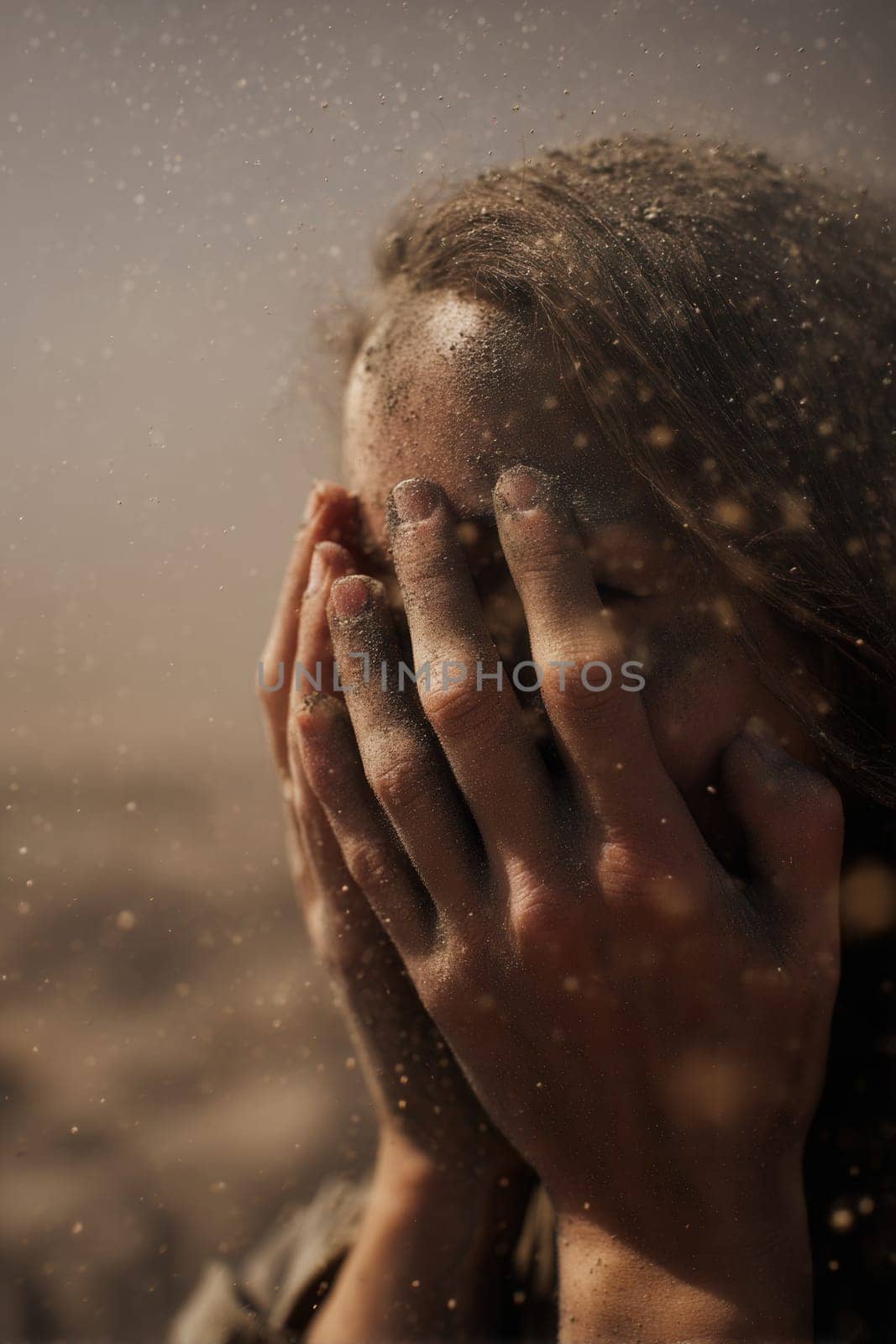 A woman hides her face with her hands amid a sandstorm, dust particles flying through the air. Evokes emotion, survival, and vulnerability. Great for climate, crisis, or emotional impact visuals