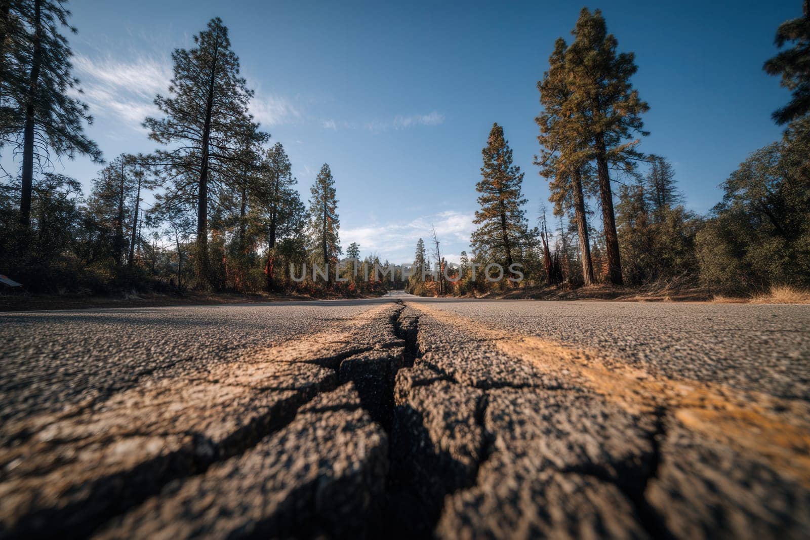 A large crack runs through a rural road surrounded by tall pine trees under a clear blue sky. Perfect for use in topics related to earthquakes, natural disasters, and environmental concerns