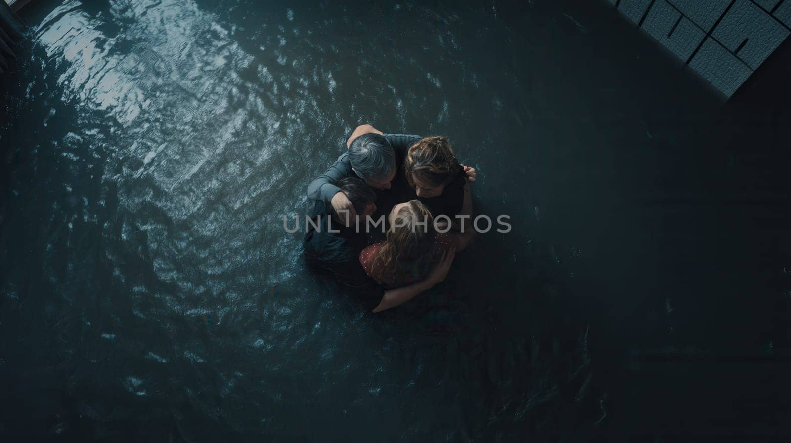 A dramatic aerial view of a family embracing in rising floodwater, symbolizing unity, fear, and resilience. Ideal for illustrating climate disasters, humanitarian stories, and emotional crisis scenes