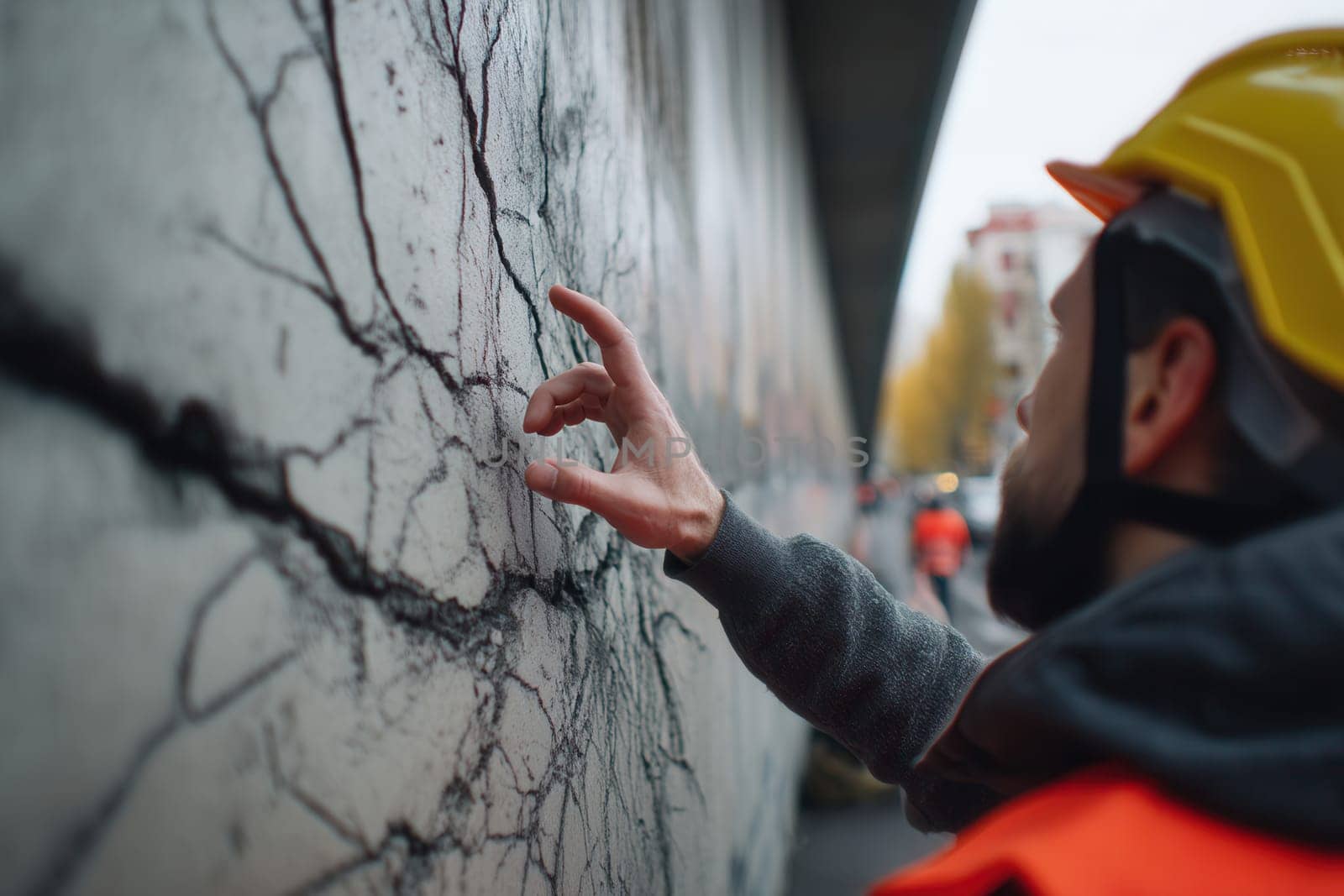 A construction worker, wearing a helmet and safety vest, carefully inspects visible cracks on a concrete wall. This image highlights the importance of structural integrity and construction safety.