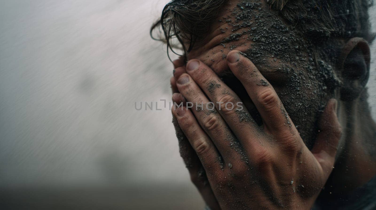 A distressed man stands in the rain, covering his face with muddy hands. Ideal for conveying emotional struggle, crisis, trauma, survival, and intense dramatic storytelling