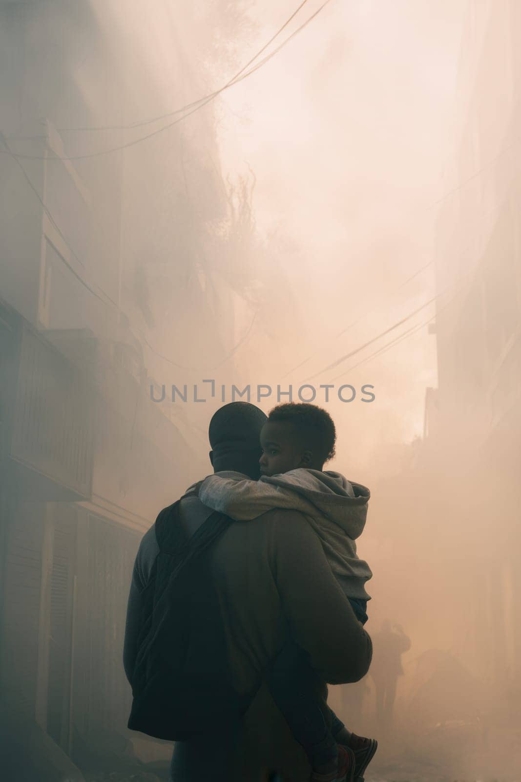 A father holding his child on his back, navigating a smoky urban street. This emotional image symbolizes human resilience, protection, and survival during a disaster or crisis