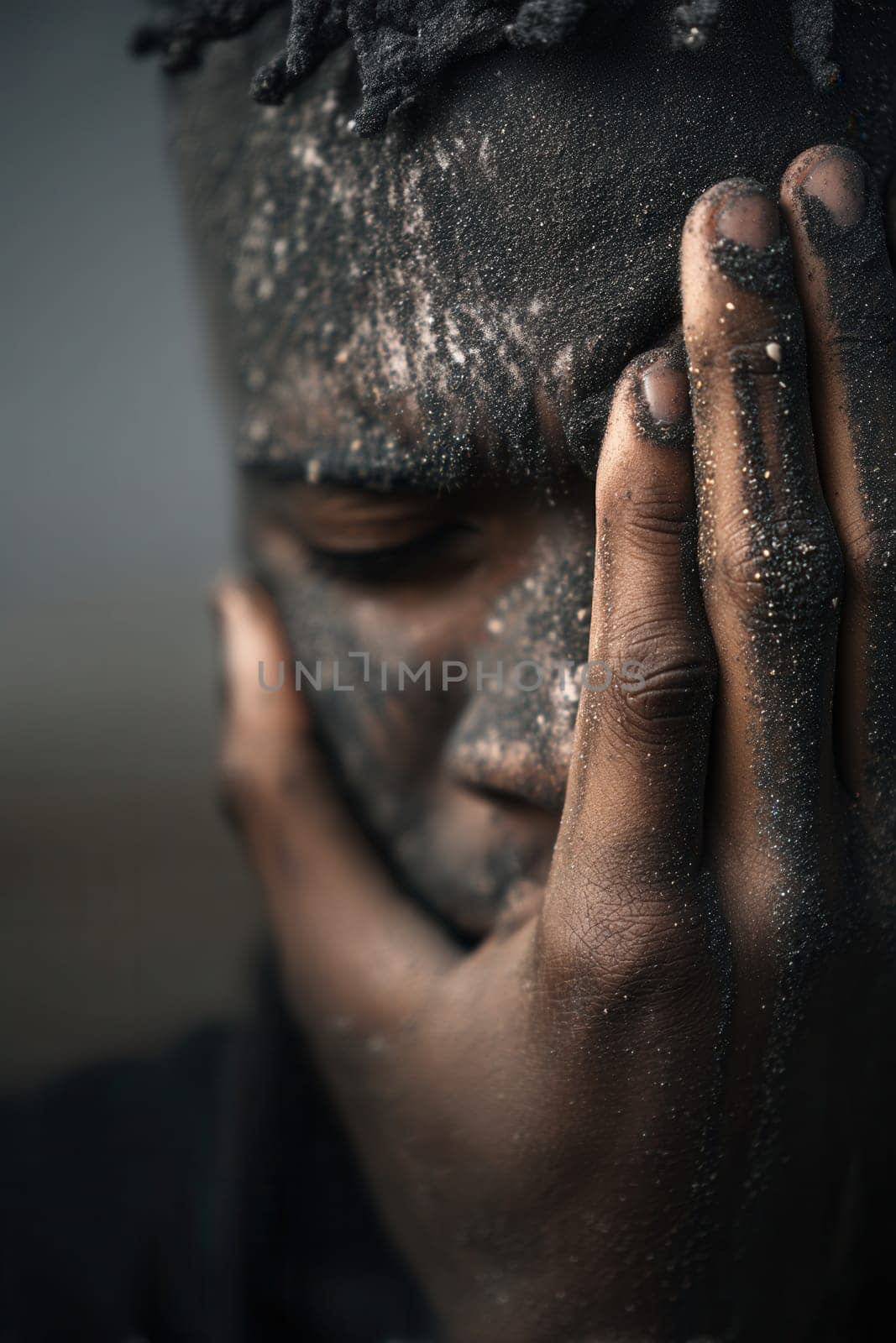 Close-up of a man with dust-covered face and hands expressing emotional distress. Ideal for projects related to survival, trauma, resilience, natural disasters, and human vulnerability