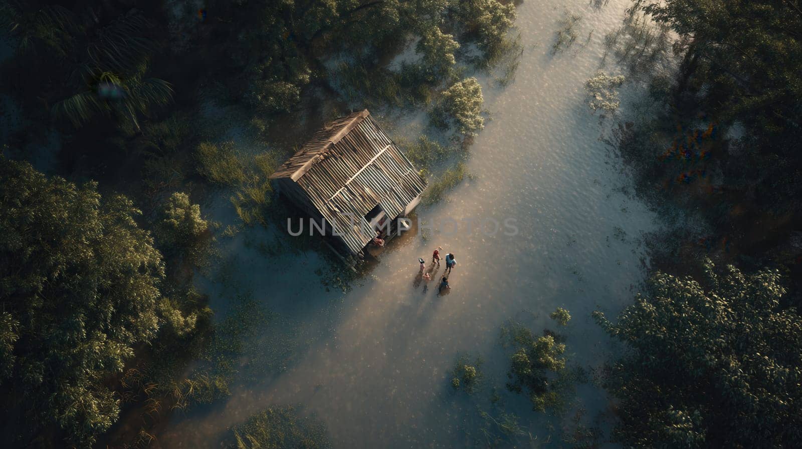 A family stands beside a small wooden house submerged by rising floodwaters in a remote village. Aerial view captures the emotional atmosphere of displacement and climate impact