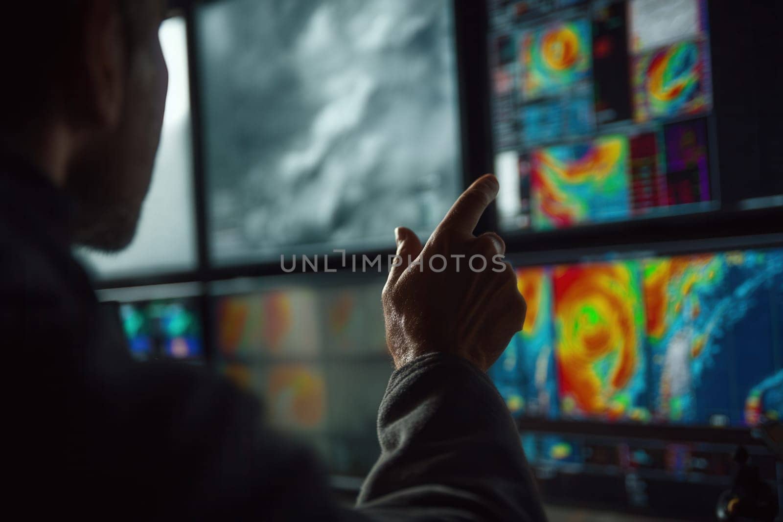 A meteorologist examines colorful weather radar maps on high-resolution monitors. Perfect for climate science topics, emergency preparation visuals, or news segments on storms and weather alerts