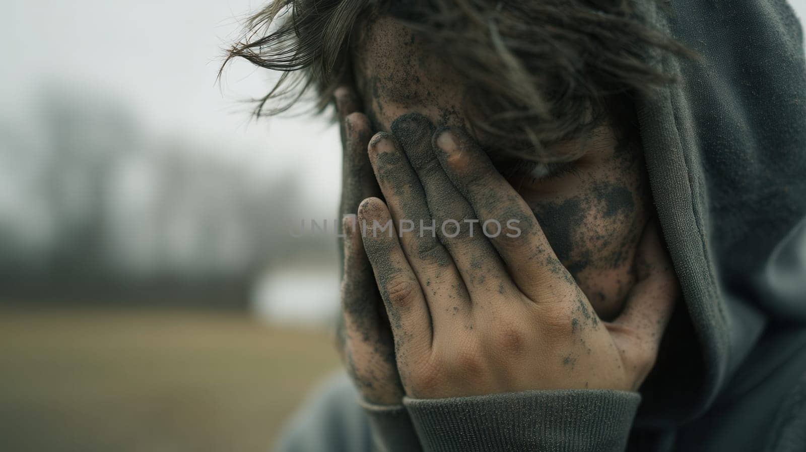 A teenage figure hides their face with muddy hands, conveying exhaustion, despair, and emotional trauma. Perfect for illustrating survival, disaster impact, and human vulnerability