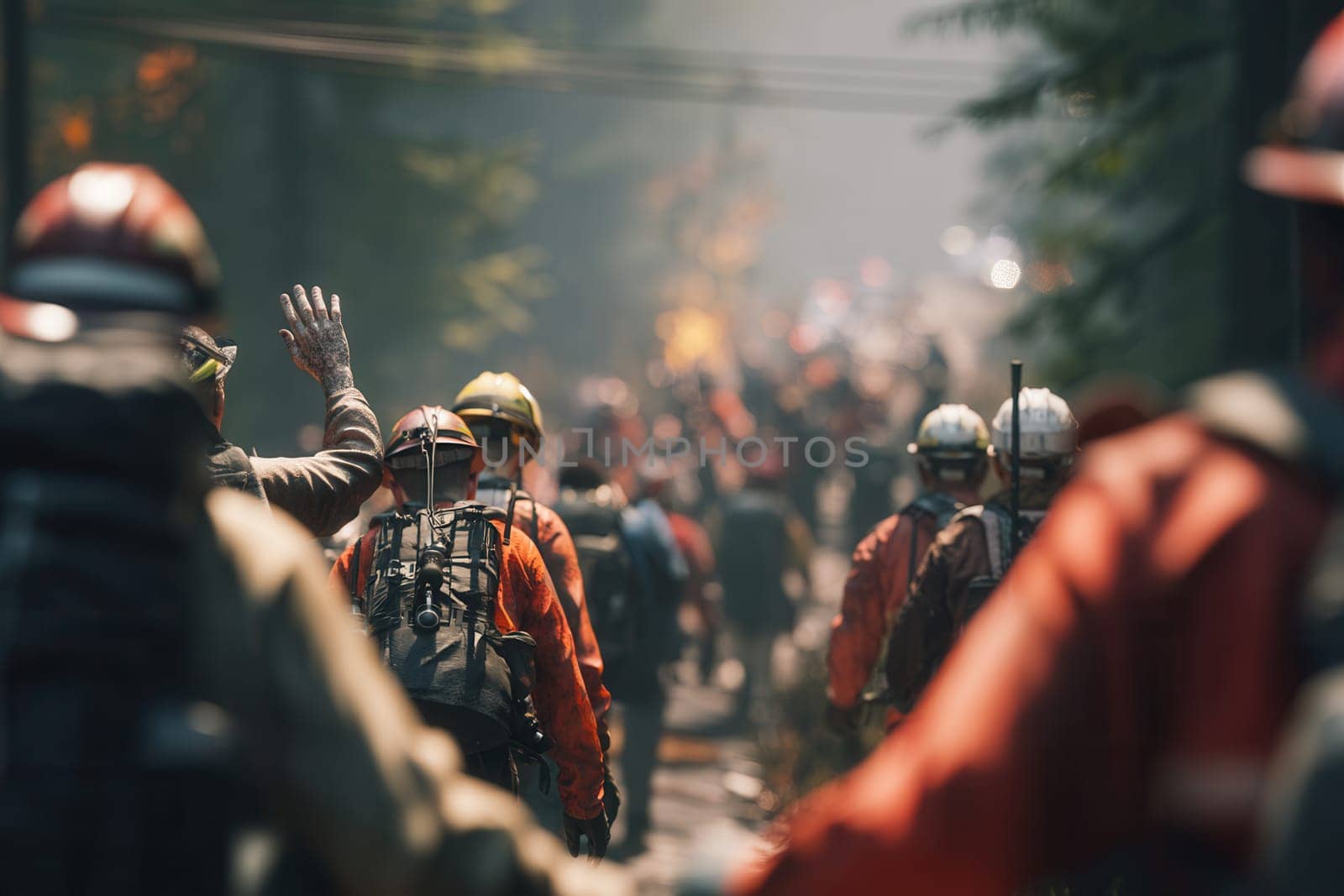 Firefighters in full gear walk through a smoky forest path in coordinated response to a wildfire. Perfect for illustrating emergency services, teamwork, and wildfire rescue operations