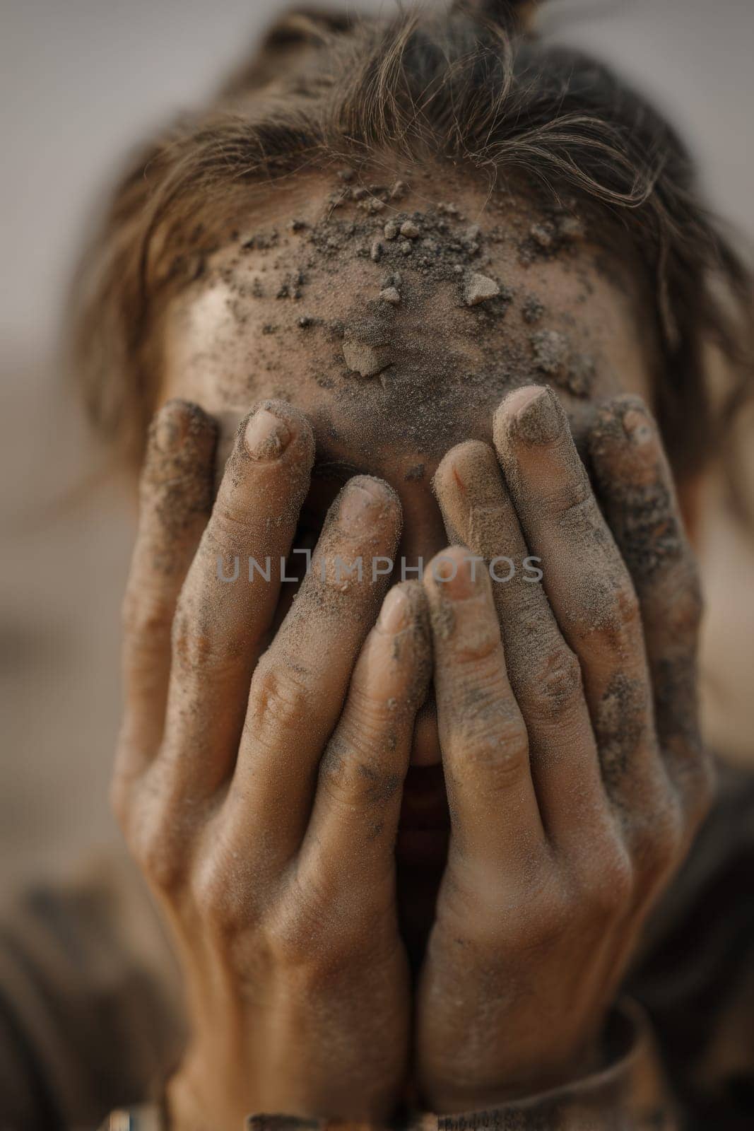 A woman hides her face with dirt-covered hands after a disaster, expressing raw fear and shock. Powerful concept for themes of survival, trauma, and human vulnerability