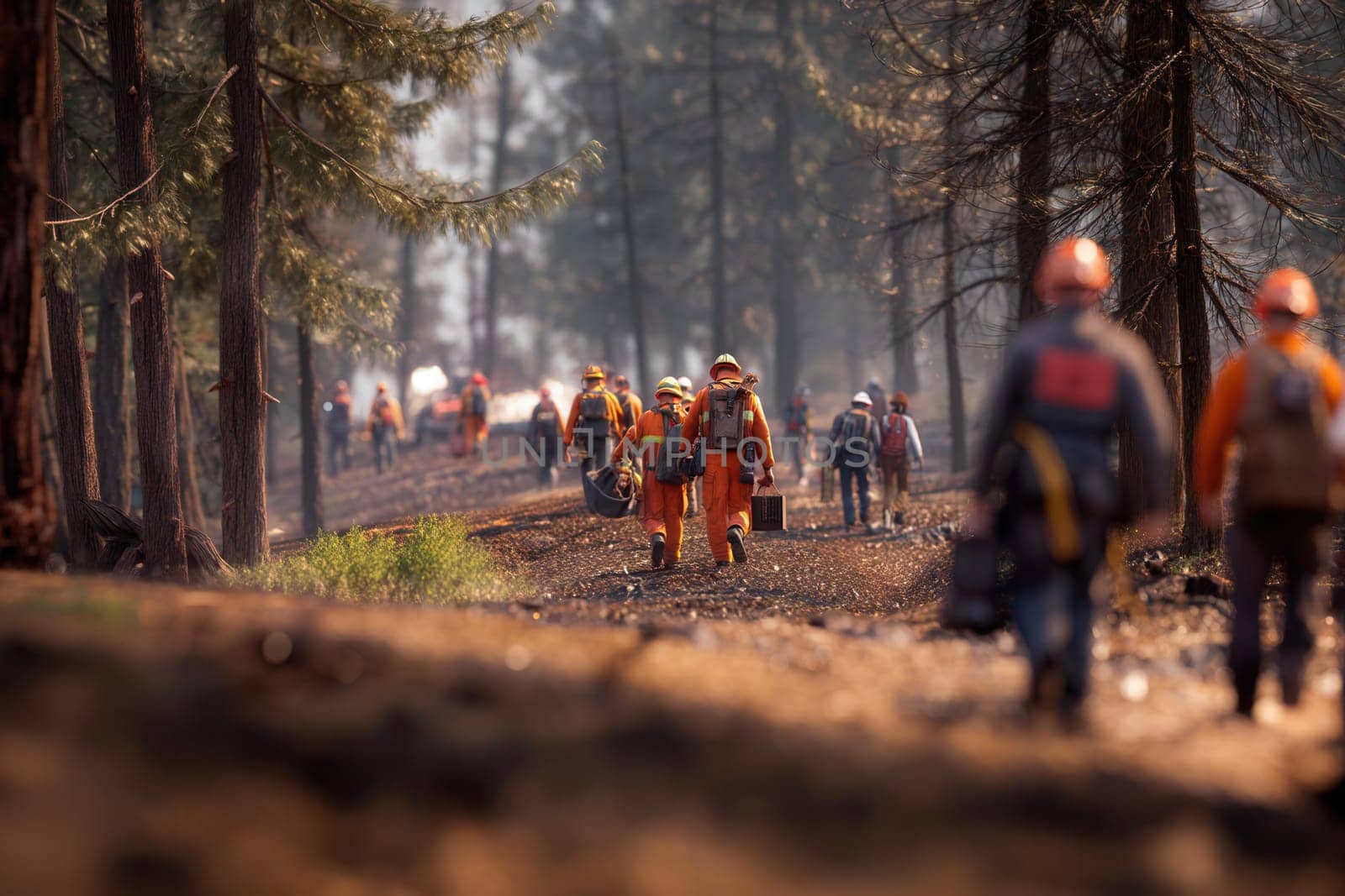Firefighters walk through a smoke-filled forest after containing a wildfire. Ideal for illustrating teamwork, recovery efforts, natural disasters, and the aftermath of environmental emergencies
