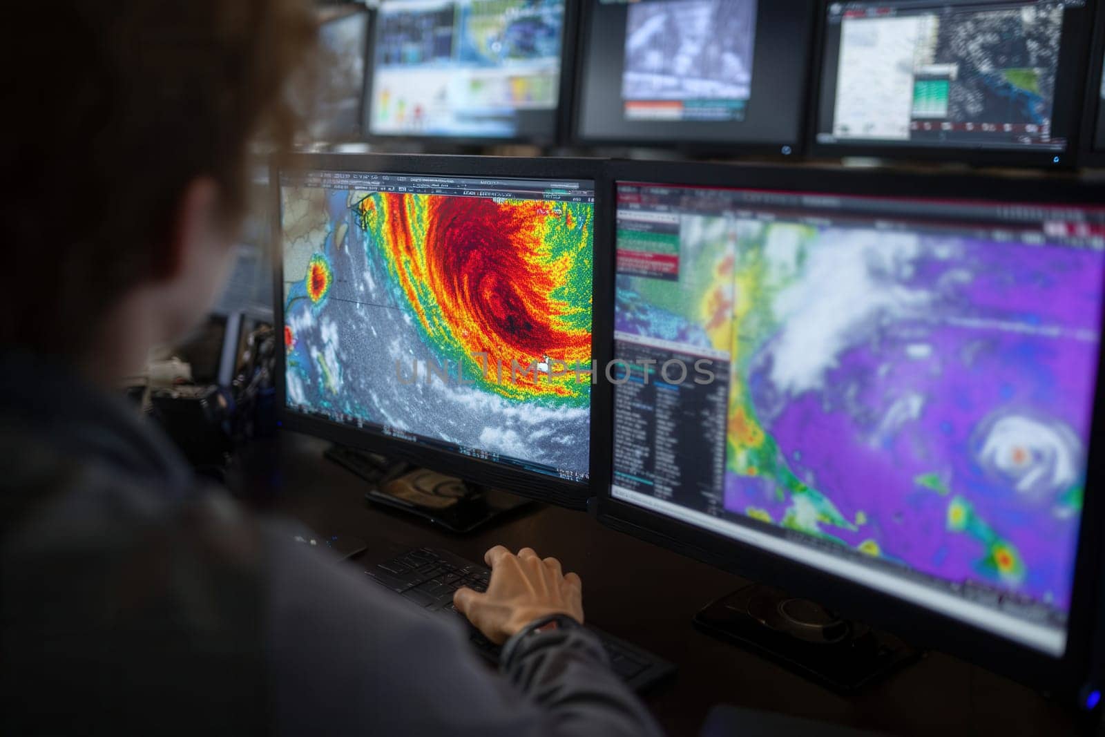 A weather specialist monitors detailed hurricane maps on several high-resolution screens. Ideal for illustrating extreme weather, climate analysis, or emergency tracking operations