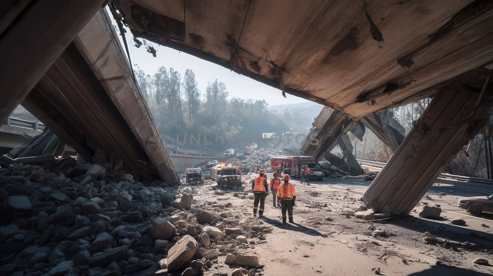A collapsed highway with emergency responders, including firefighters and rescue vehicles, working in the aftermath of a devastating natural disaster. A scene of chaos and recovery