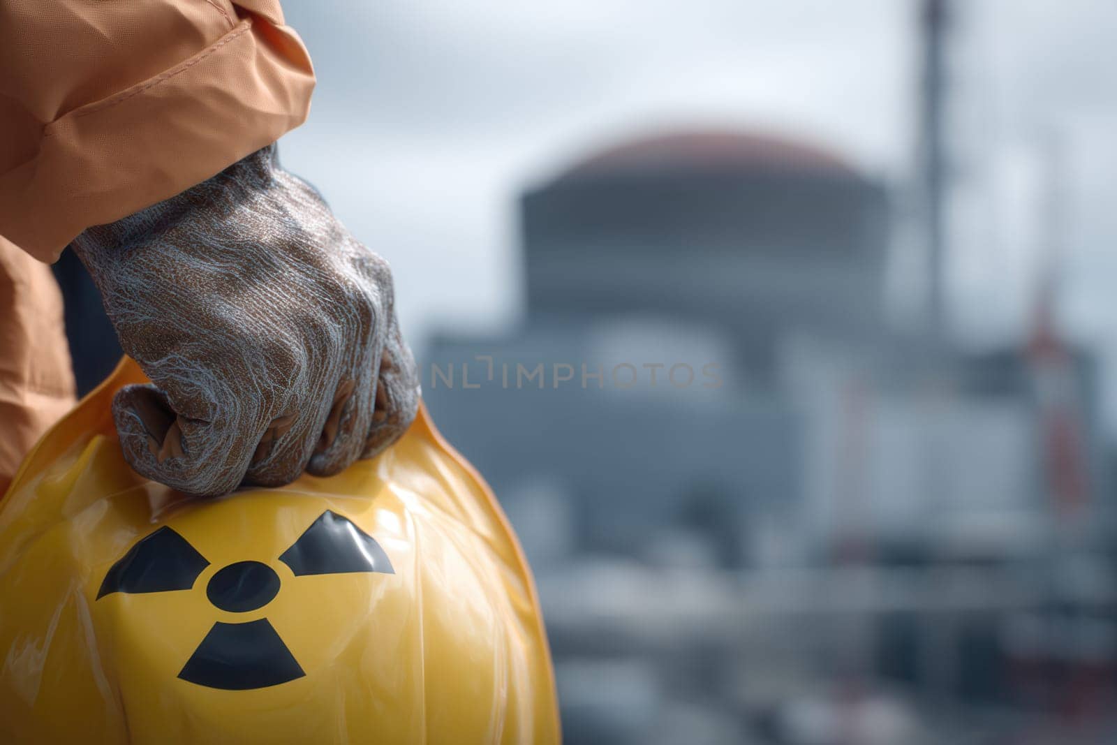 A worker in protective gear holds a radioactive helmet at a nuclear facility. The image emphasizes safety protocols, industrial risk management, and the importance of protective equipment