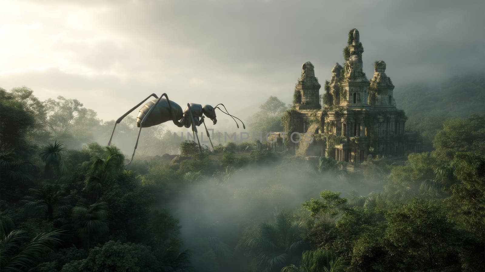 Giant ant approaching ancient temple in misty jungle at dawn, surreal fantasy art.