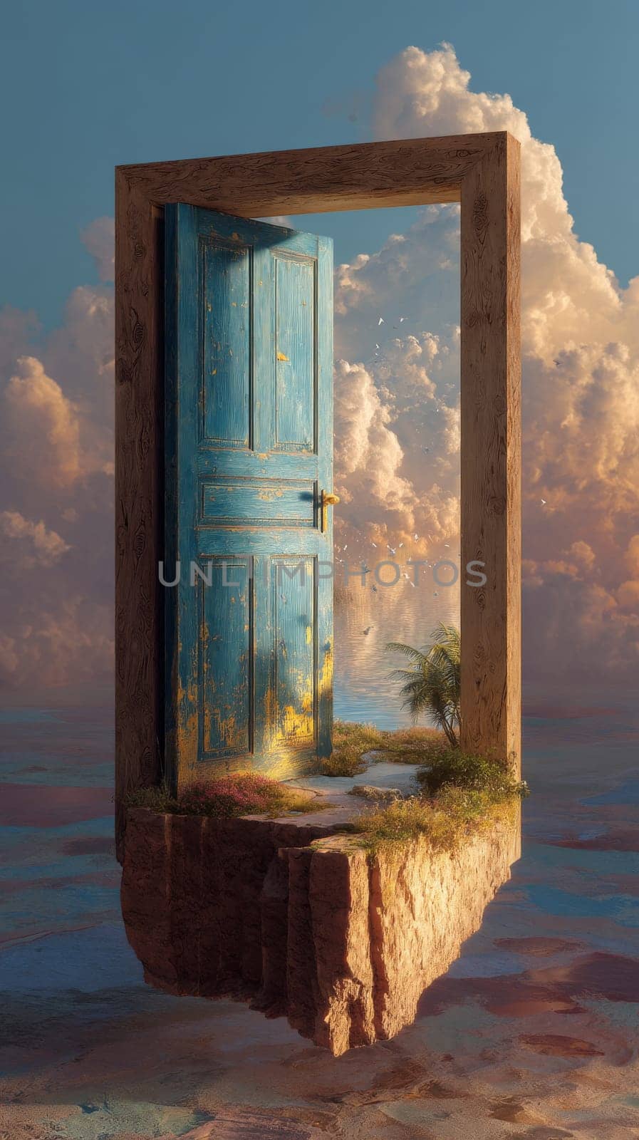 Floating wooden door opens to surreal clouds and birds in dreamlike landscape.