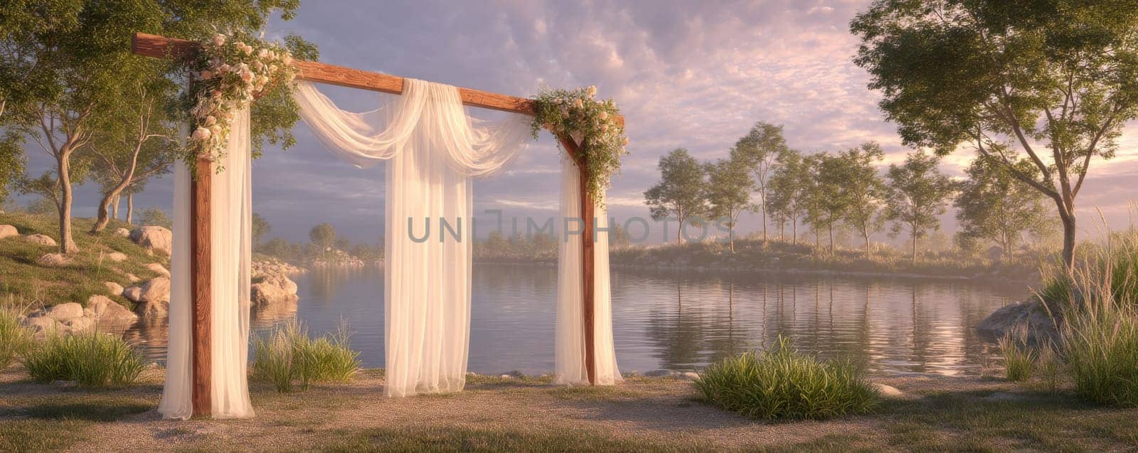 Wooden wedding arch with flowers and fabric by a serene lakeside at sunrise.