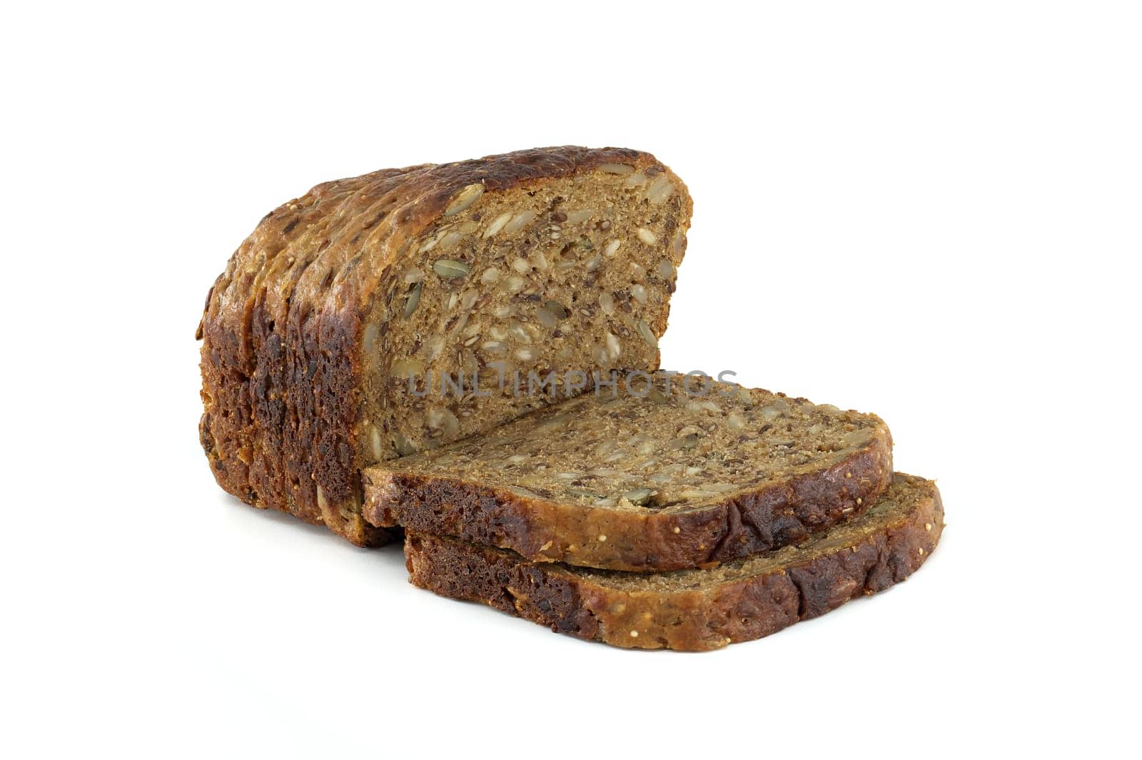A sliced loaf of multigrain bread with seeds, perfect for a healthy breakfast or a nutritious snack, sits on a white background.