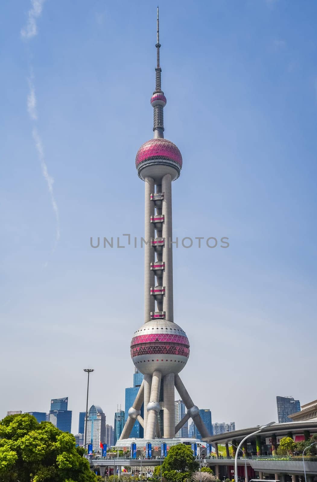 Shanghai, China - 1 April 2025: A stunning view of the Oriental Pearl Tower, a futuristic gem in Shanghai's ever-evolving skyline