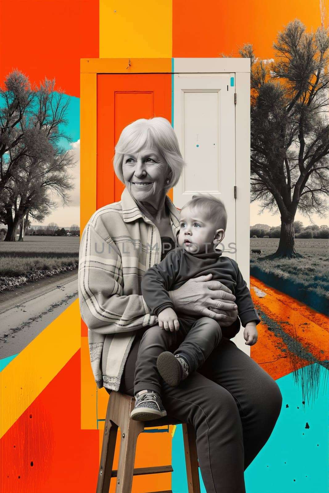 Grandmother sits on a stool, joyfully holding his grandson. Bright colors and stylized trees enhance the warmth of the moment, emphasizing family bonds - Retro paper collage design - Generative AI.