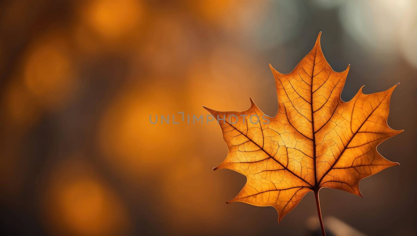 A vibrant orange leaf delicately rests with prominent veins visible, set against a soft focus backdrop of warm autumn hues. Nature showcases its stunning seasonal transformation.