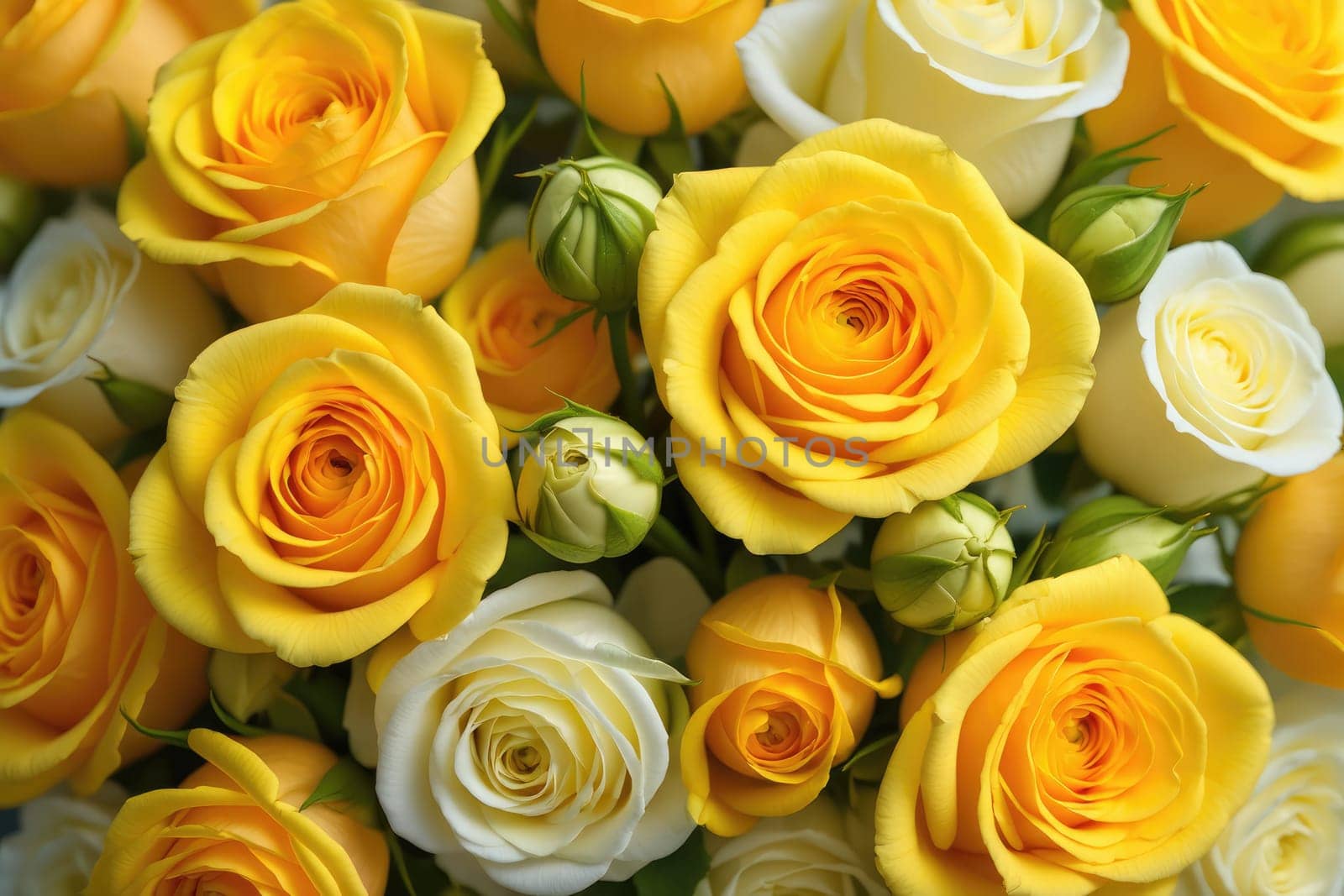 A vibrant bouquet featuring an array of bright yellow and soft white roses, showcasing their lush petals and fresh buds, perfect for celebrations or gifts.