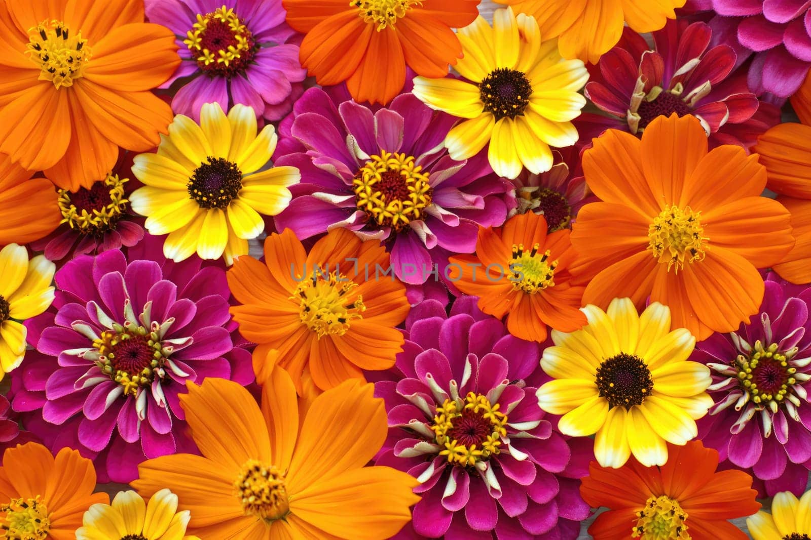 A lively mix of orange, yellow, and pink flowers blossoms in a garden. The floral arrangement showcases various shapes and sizes, creating a cheerful atmosphere during spring.