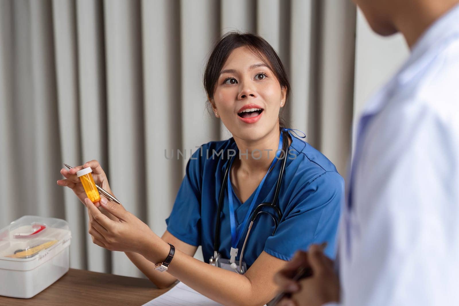 A doctor presenting medication information with enthusiasm to a patient, ensuring a positive and engaging healthcare experience.